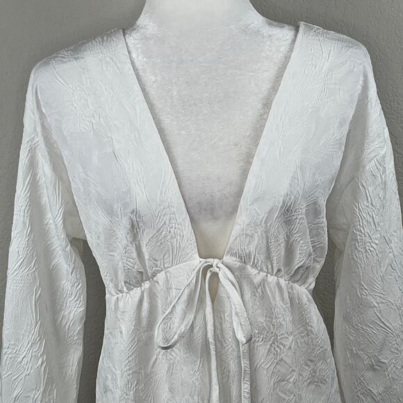 ASOS Jacquard White Tie Front Lace Up Back V-Neck Long Sleeve Midi Dress 4 NWT - Picture 7 of 16